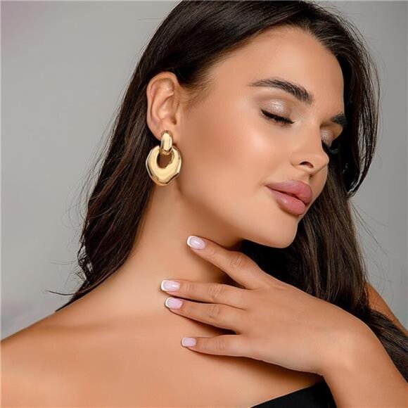 Gold Statement Dangle Earrings | Chunky Door Knocker Hoop Design - Picture 1 of 5